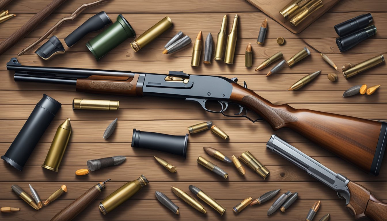 A hunter's shotgun and various types of ammunition laid out on a wooden table