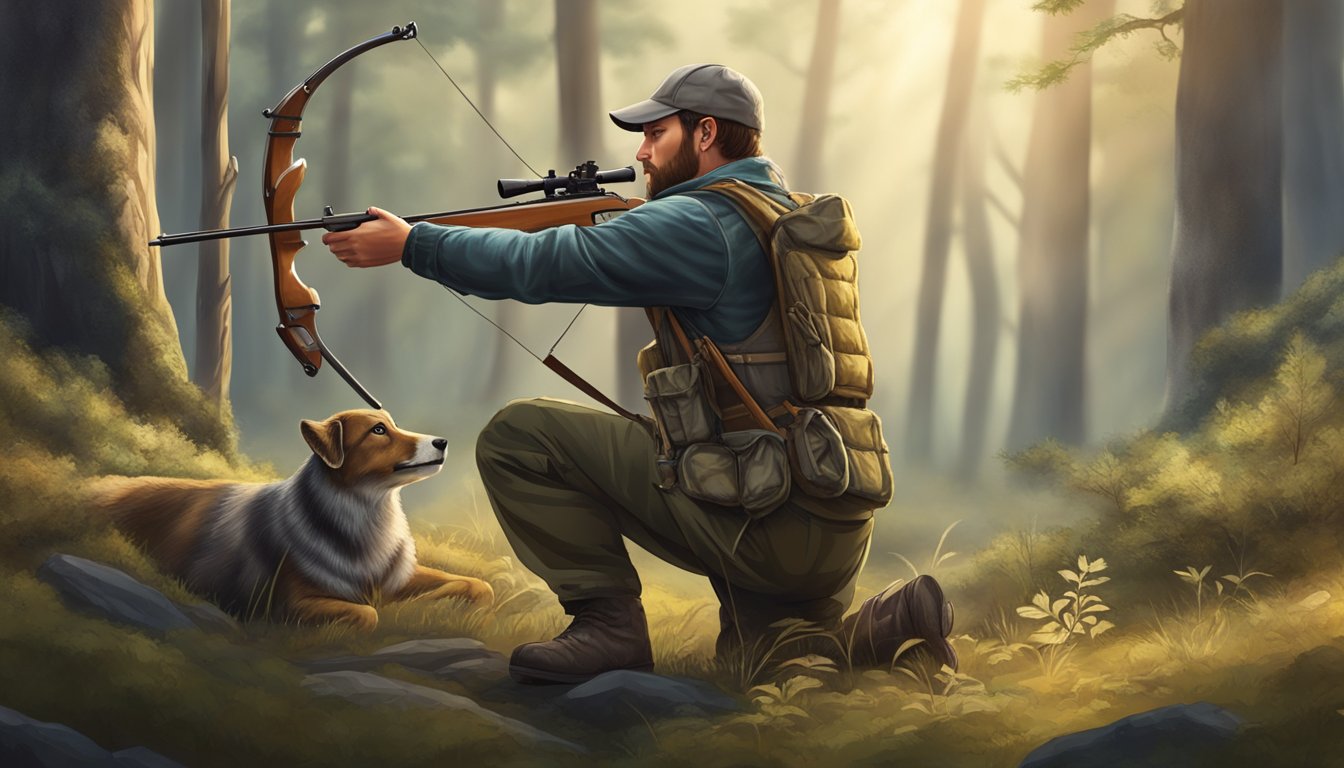 A hunter kneeling with a bow, surrounded by trees and wildlife, aiming at a distant target