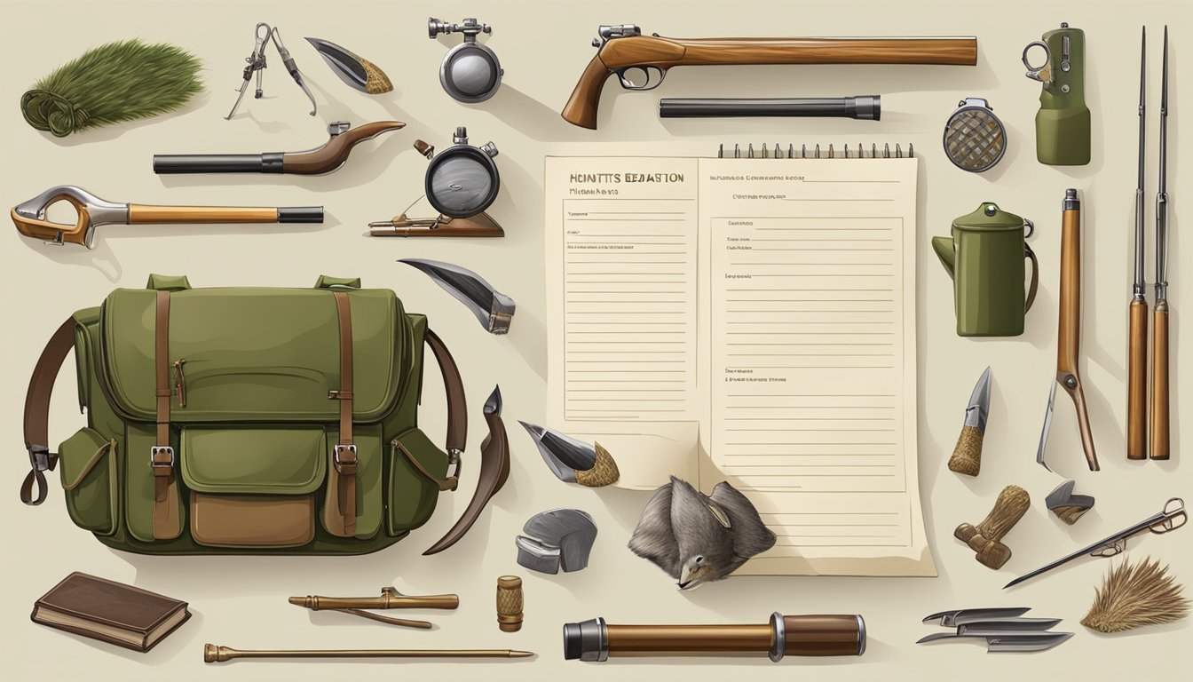 A hunter's education worksheet surrounded by various hunting equipment