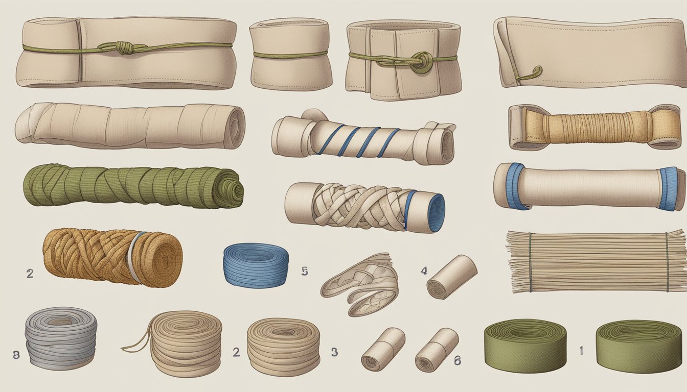 A field manual open to the "Knots and Securing Bandages" section, with various types of bandages and knots displayed