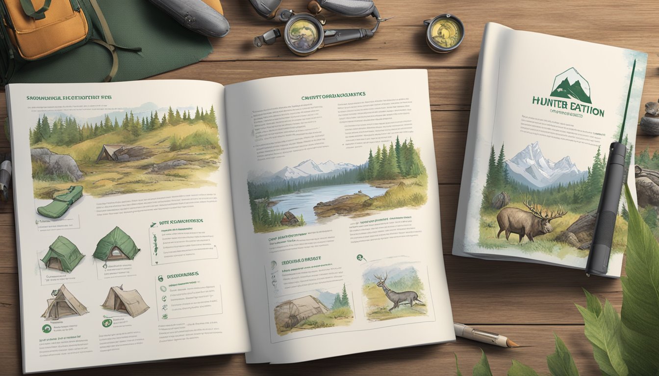 A hunter education test booklet surrounded by outdoor gear and wildlife illustrations