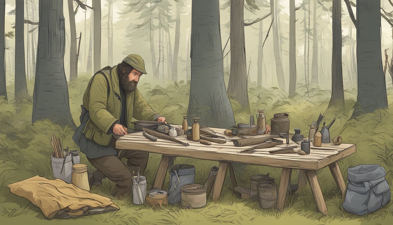 A forest clearing with a makeshift table covered in tools and animal pelts. A figure demonstrates field dressing techniques