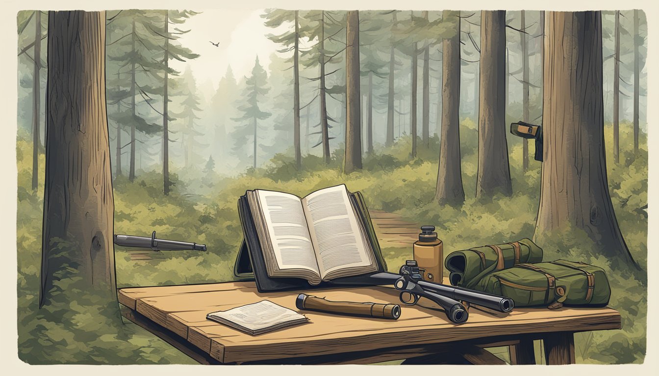 A serene forest clearing with a rustic wooden table covered in hunting gear and a hunter education study guide open to a page on firearm safety