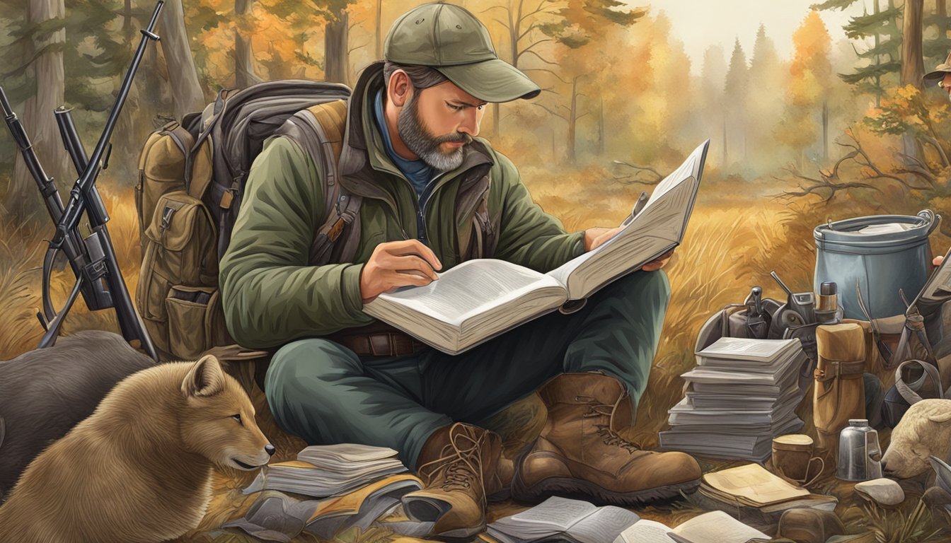 A hunter reading a thick book surrounded by hunting gear and wildlife illustrations