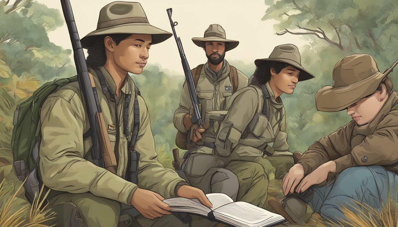 A group of diverse wildlife species gathered around a conservation education book, with a hunter's hat and rifle in the background