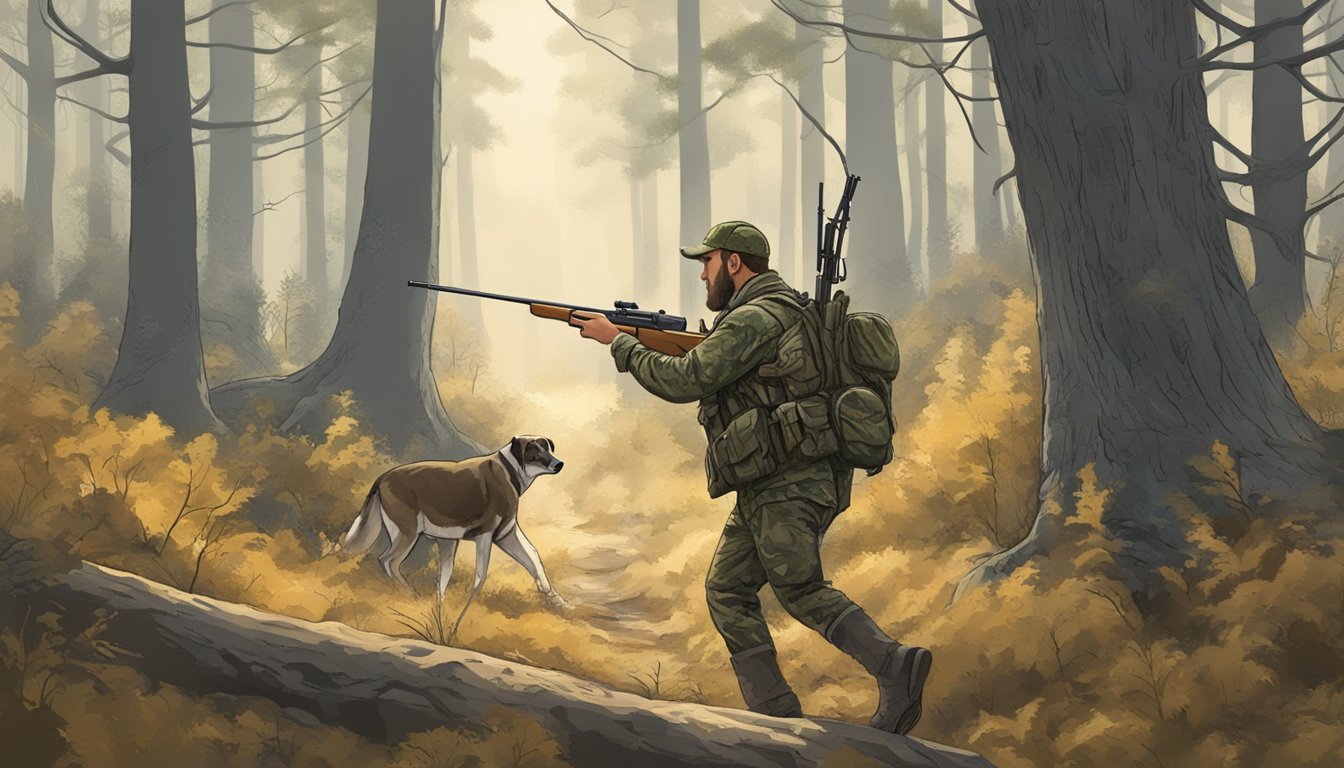 A hunter silently tracks an animal through the forest, utilizing camouflage and patience to make a successful kill