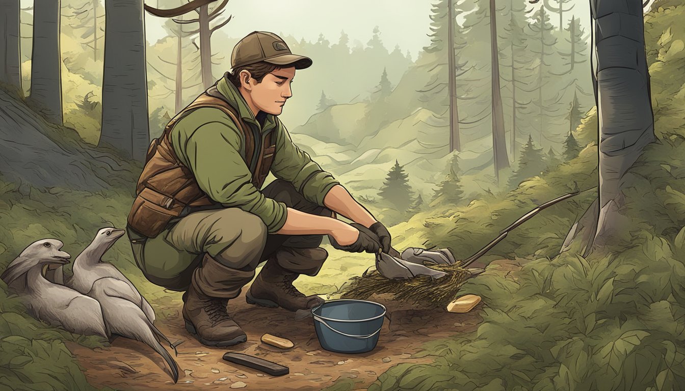 A hunter cleaning and preparing freshly caught game in a forest clearing