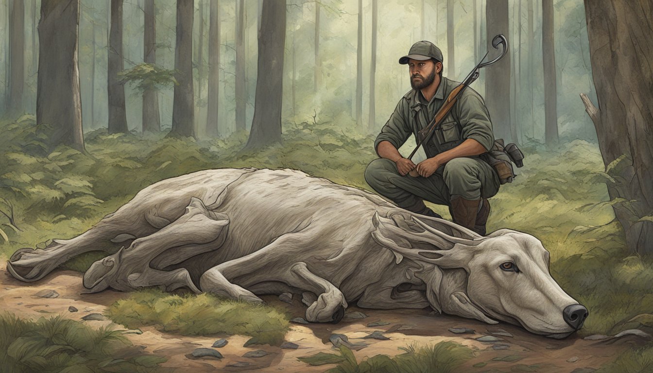 An animal carcass laid out on the ground, with a hunter kneeling beside it, carefully removing the internal organs. Surrounding trees and bushes indicate a forested hunting environment