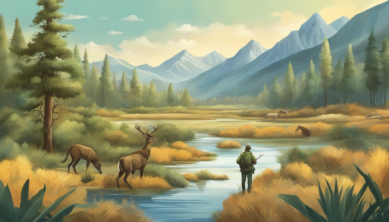 A hunter navigating through various terrains: forest, mountains, desert, and wetlands, with different wildlife and vegetation