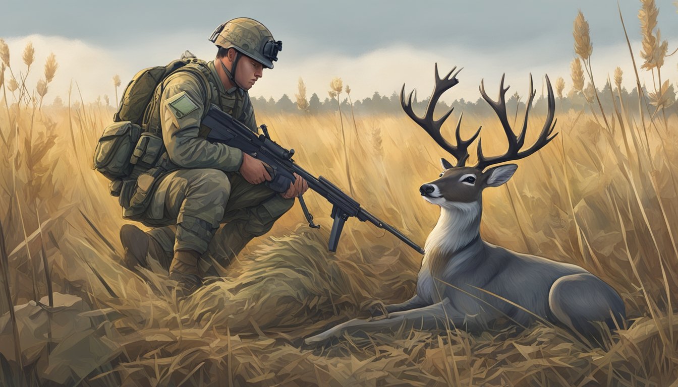 A soldier kneeling in a field, surrounded by military gear and a deer carcass, preparing to field dress the animal