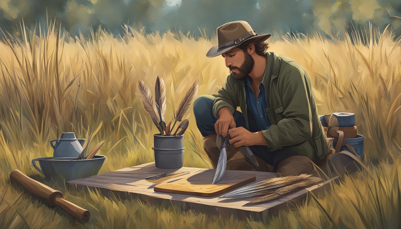 A hunter lays out tools and a cutting board in a field, surrounded by tall grass and scattered feathers