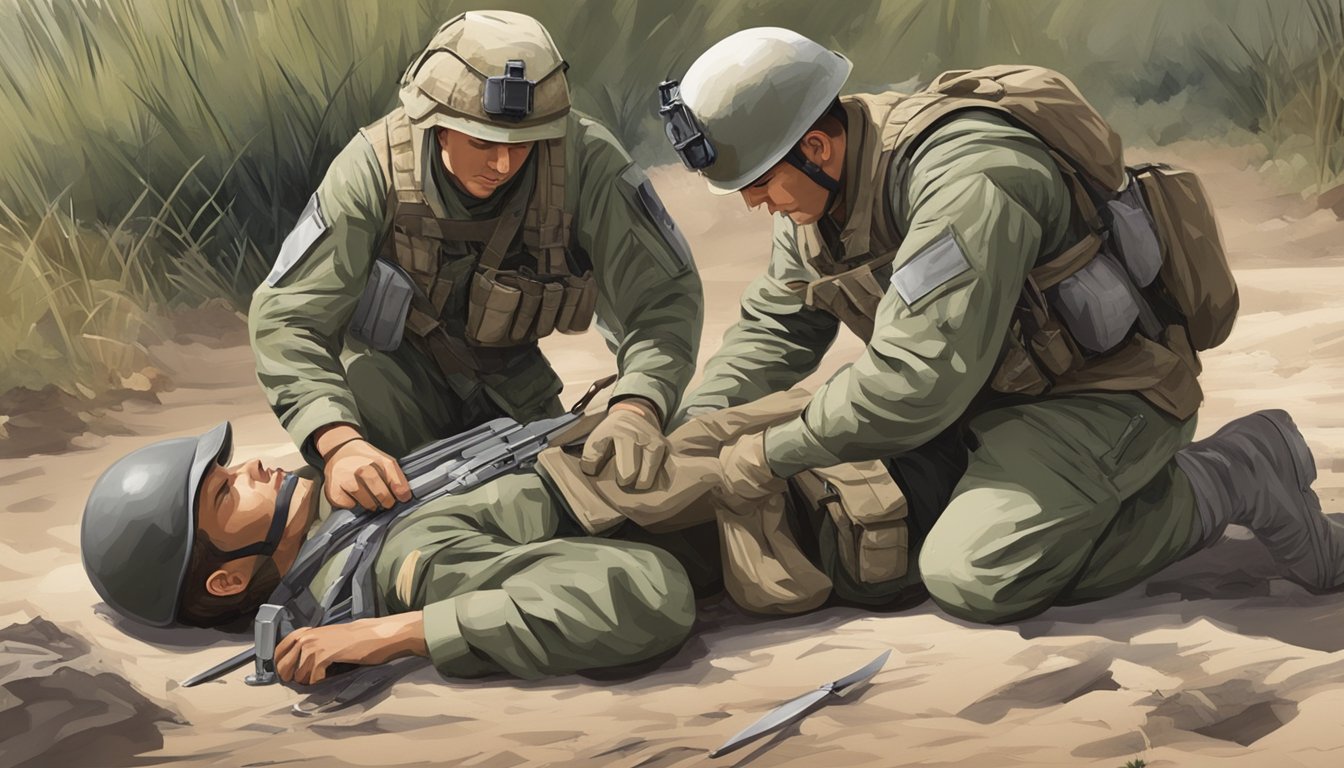 A soldier applies a field dressing to a wounded comrade in a military setting