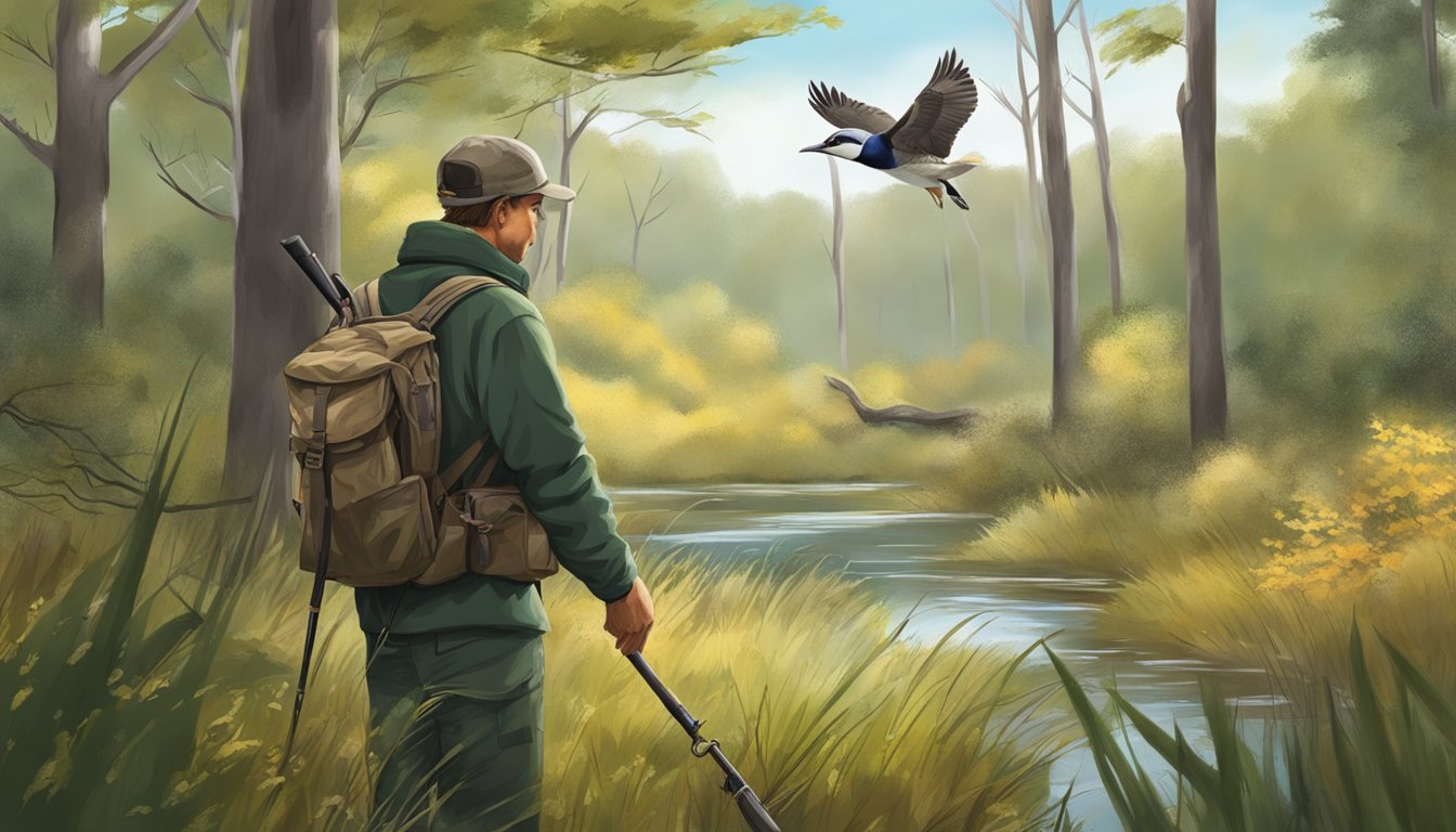 A hunter field dresses a migratory bird in a wooded area