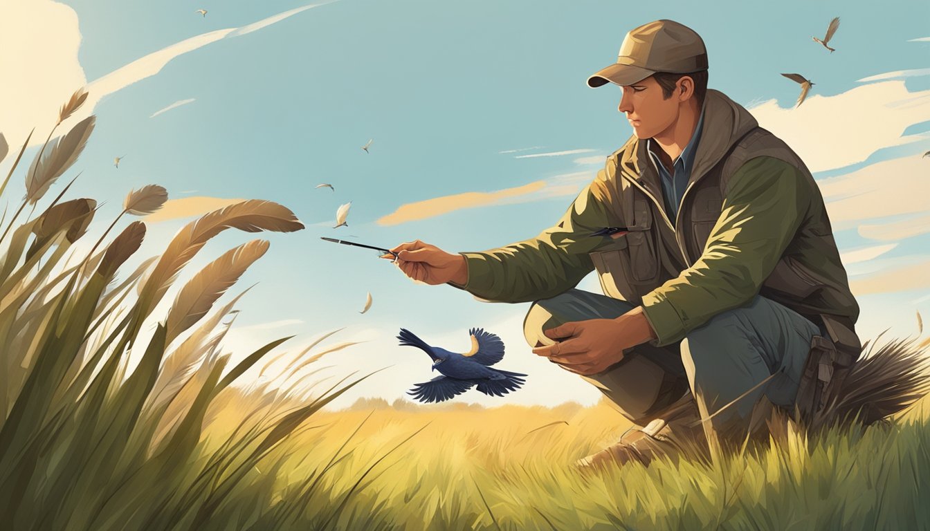 A hunter carefully plucks feathers from a migratory bird on a sunny, grassy field. A small knife and a pile of feathers are nearby