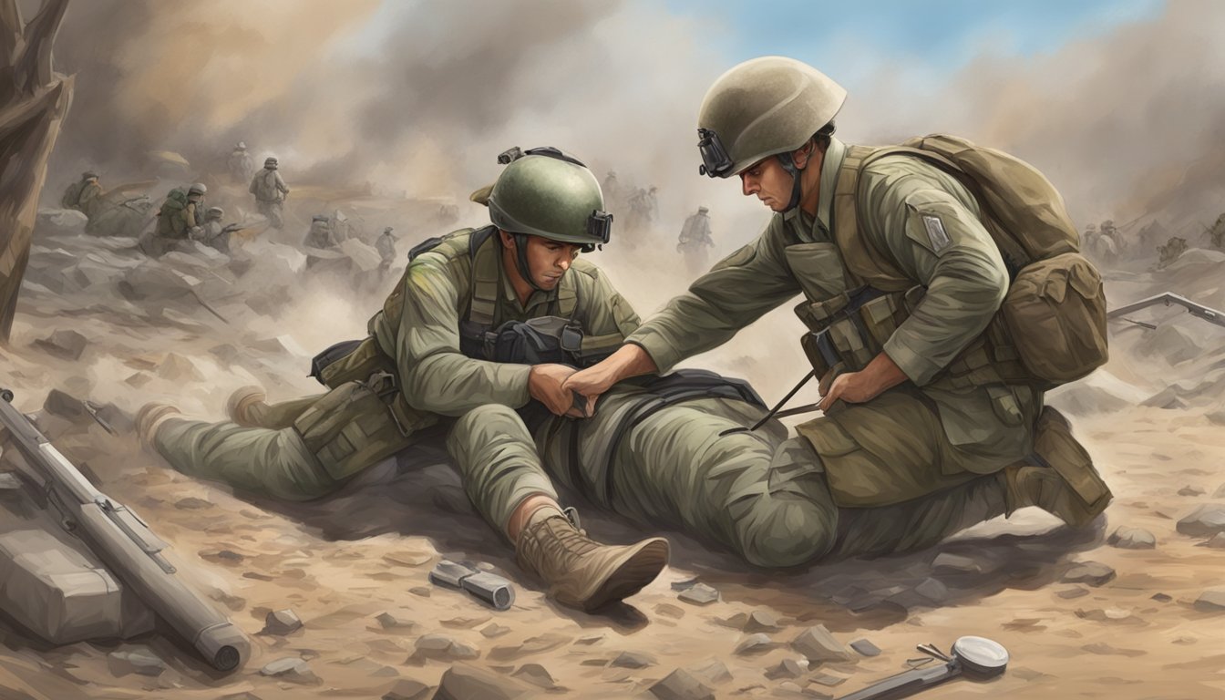 A soldier applies advanced medical supplies to a wounded comrade in a battlefield setting