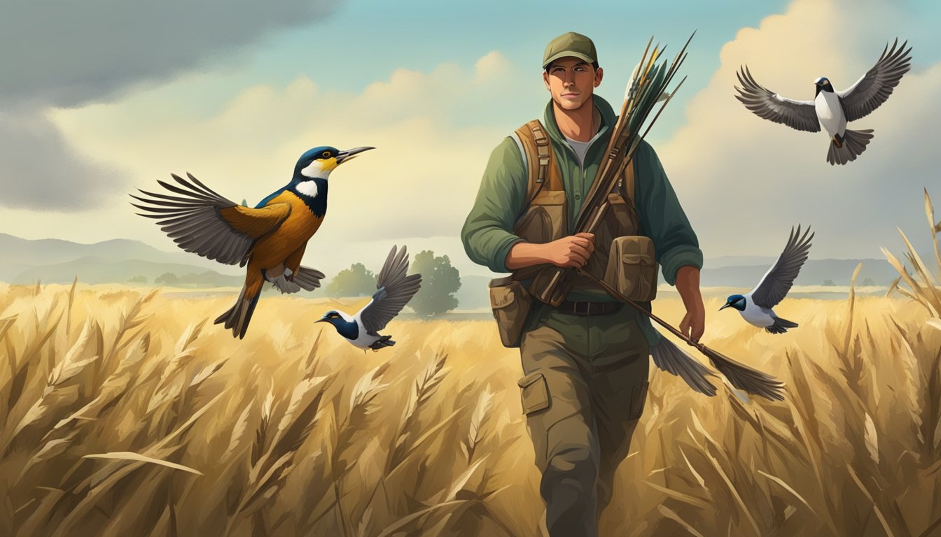 A hunter transports and stores a migratory bird in a field