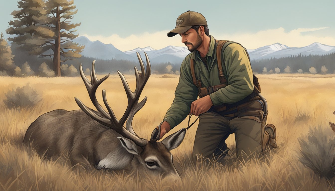 A hunter kneeling beside a mule deer, carefully removing the hide and organs in a field