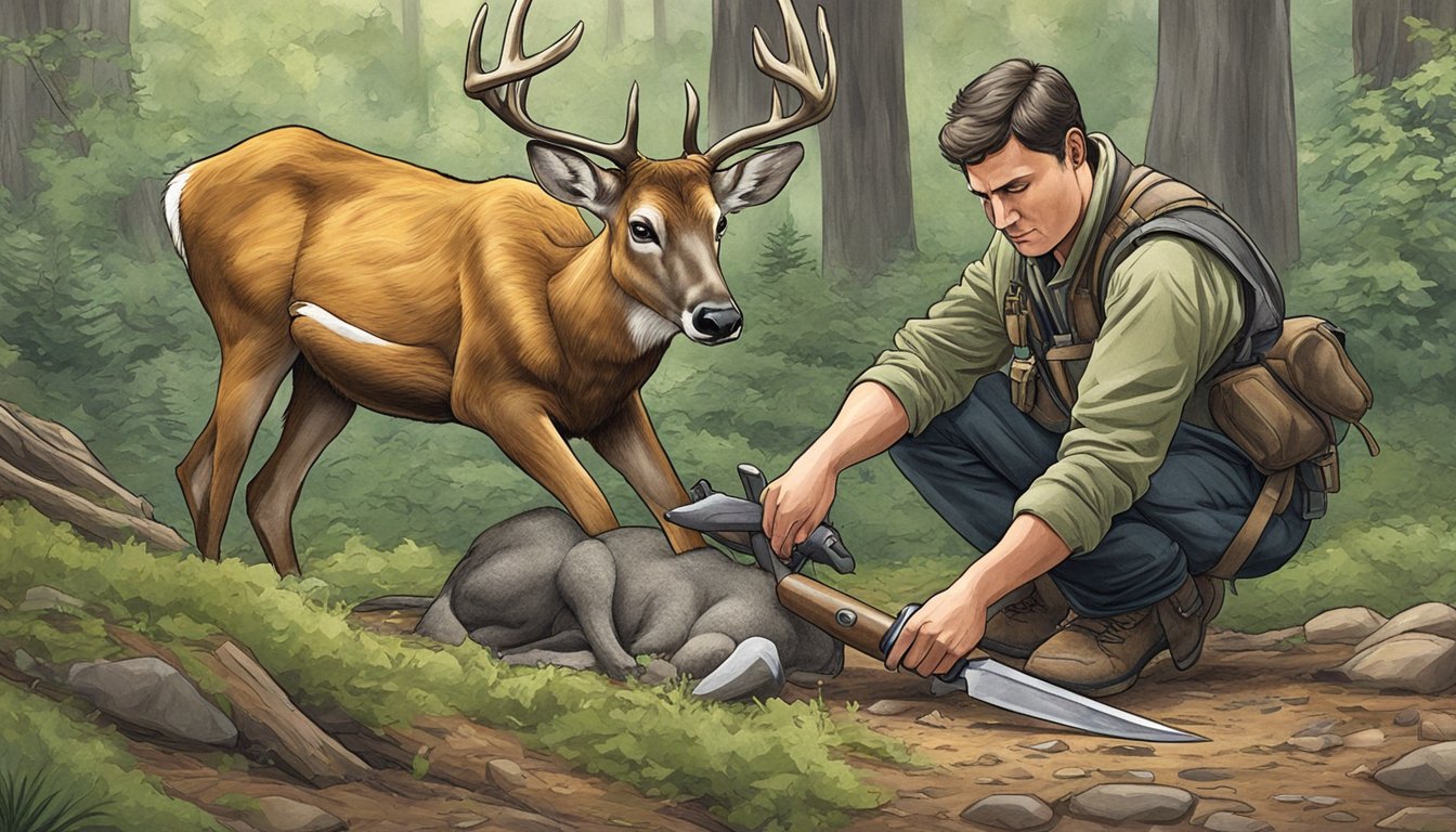 A hunter kneeling beside a deer, using a knife to remove the animal's internal organs