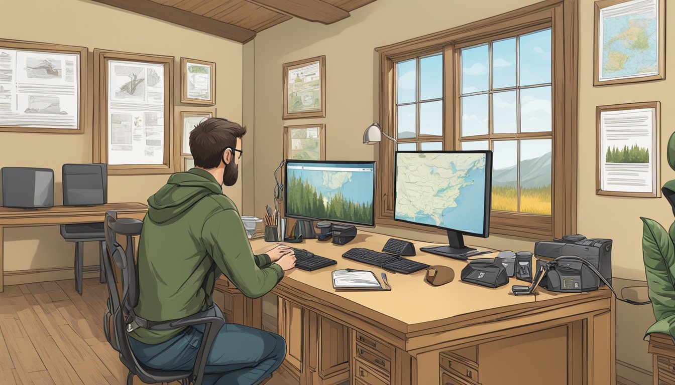 A person sitting at a desk with a computer, taking a hunter education test online. Wildlife posters and hunting gear in the background