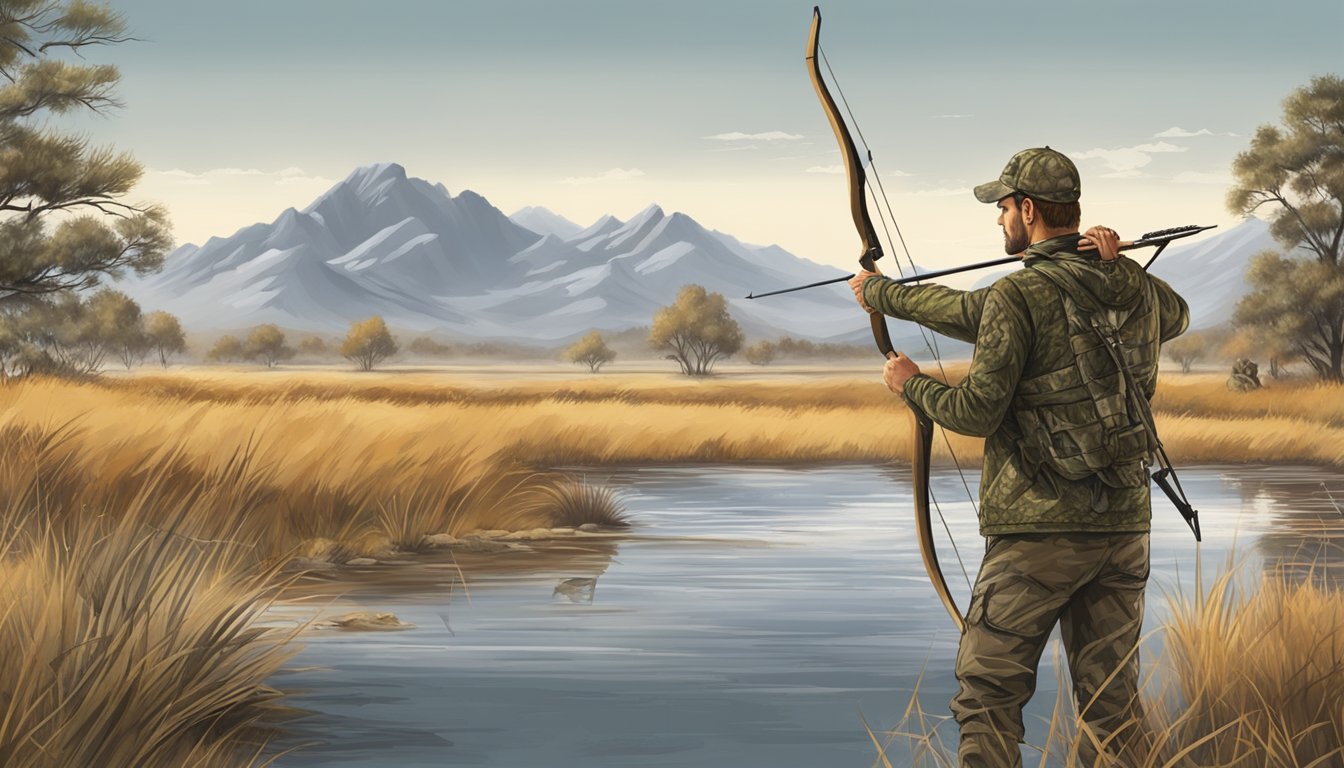 A hunter setting up a camouflage blind near a watering hole, with a bow and arrow ready for a stealthy approach