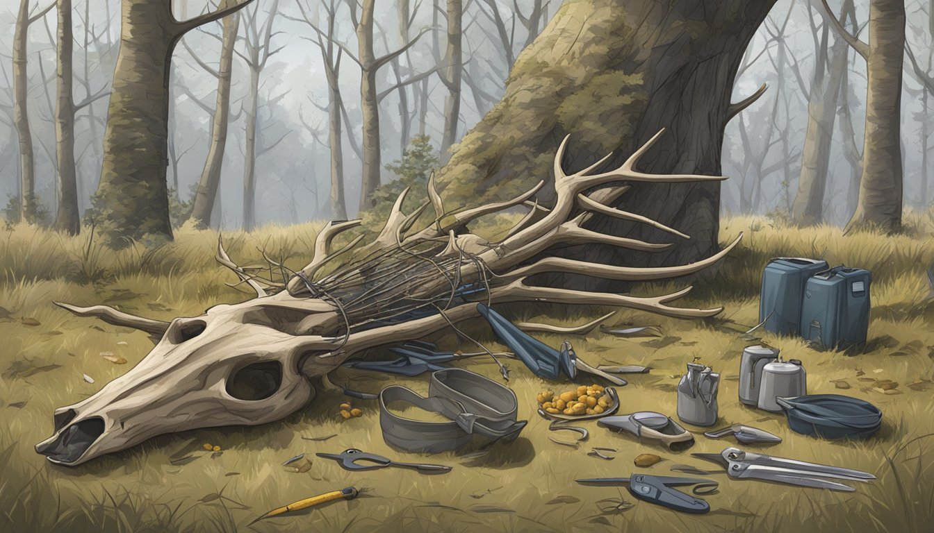 A deer carcass hanging from a tree, with tools and equipment scattered around for field dressing