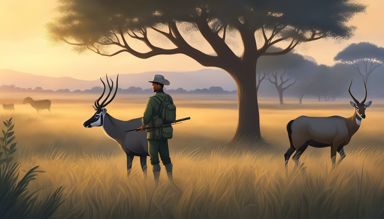 A hunter field dresses a nilgai in a grassy field at dawn