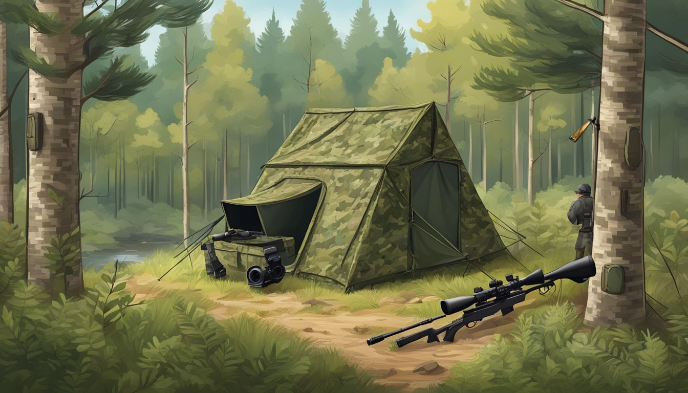 A forest clearing with a camouflage hunting blind, a compound bow, a trail camera, and a hunting rifle with a scope