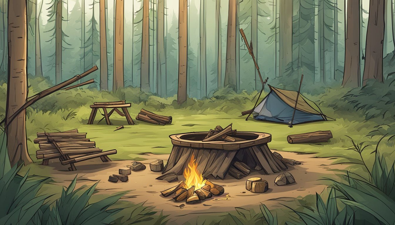 A forest clearing with a makeshift shelter, a fire pit, and various survival tools scattered around