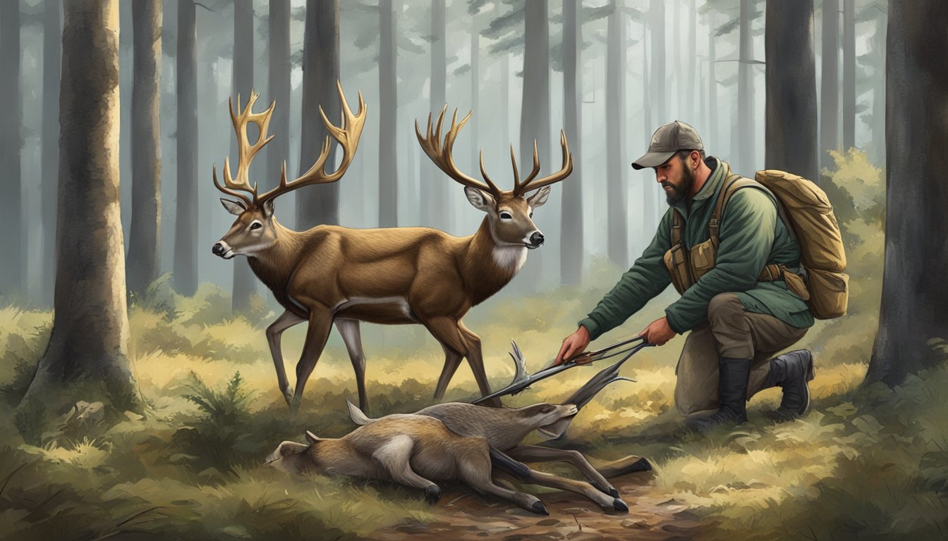 A hunter field dressing a deer in a forest clearing