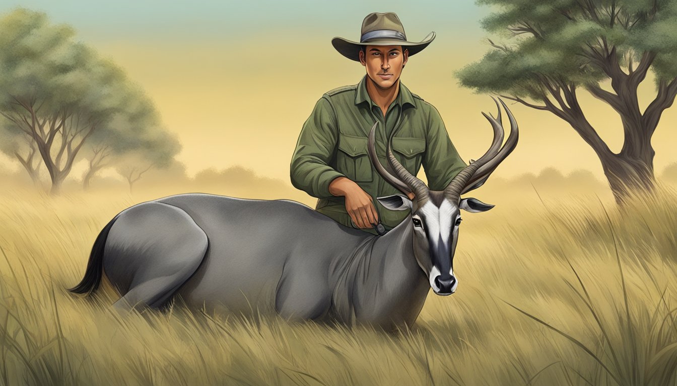 A hunter field dresses a nilgai, surrounded by trees and grass