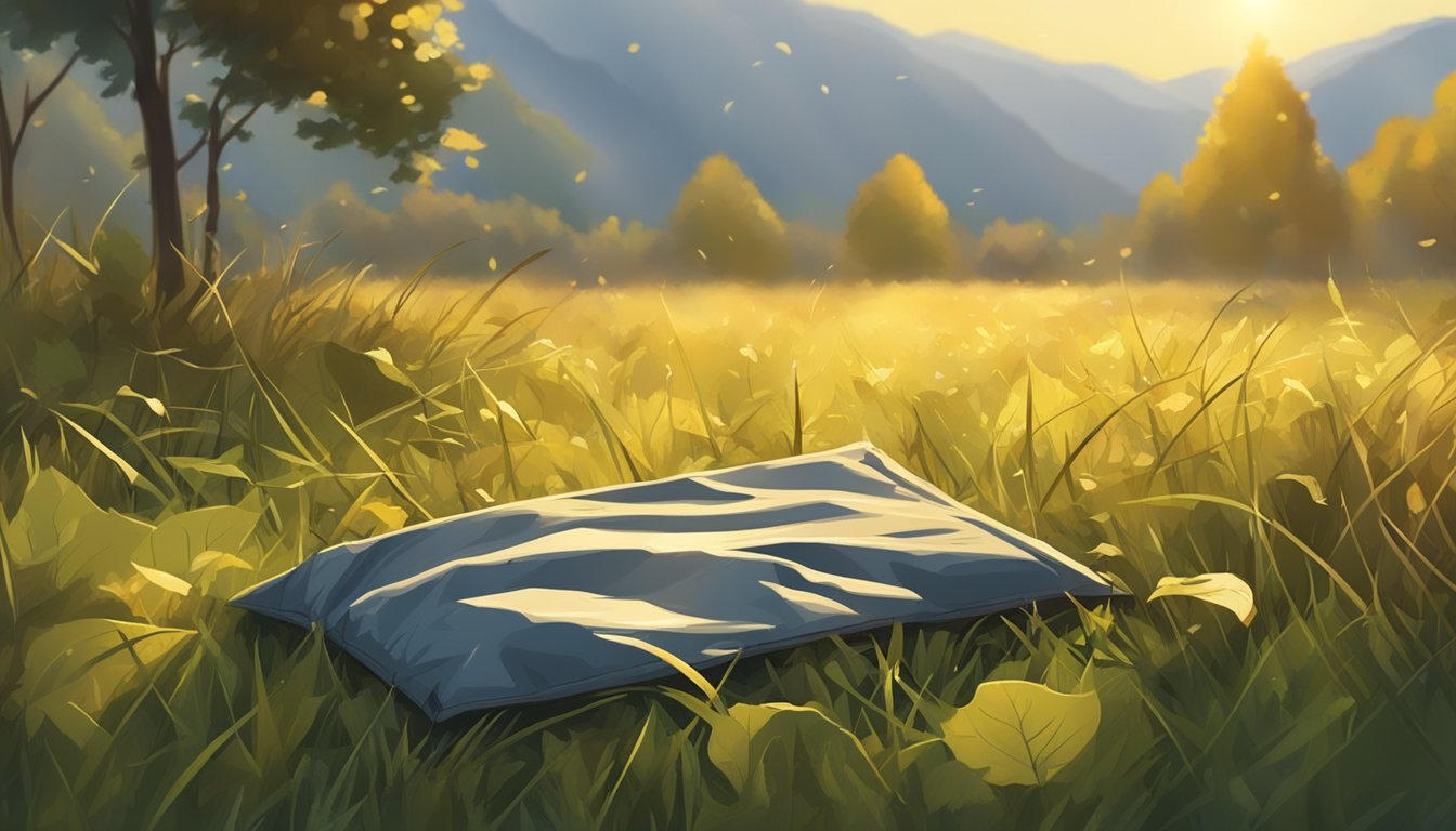 A field dressing pad lies on a grassy field, surrounded by scattered twigs and leaves, with the sun casting a warm glow on the scene