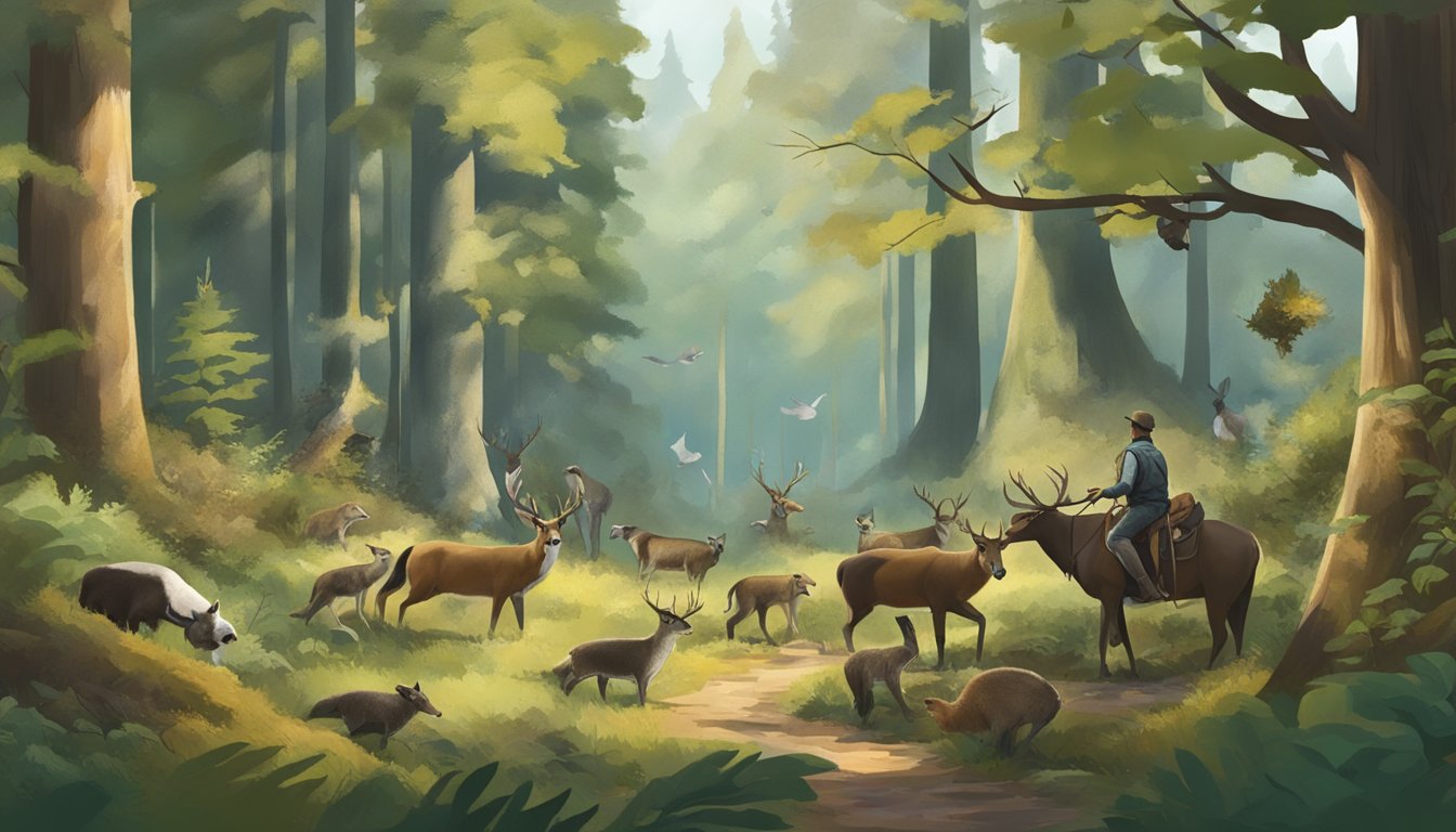 A hunter education test being taken in a forest setting, with a variety of game animals and species depicted in the surrounding environment