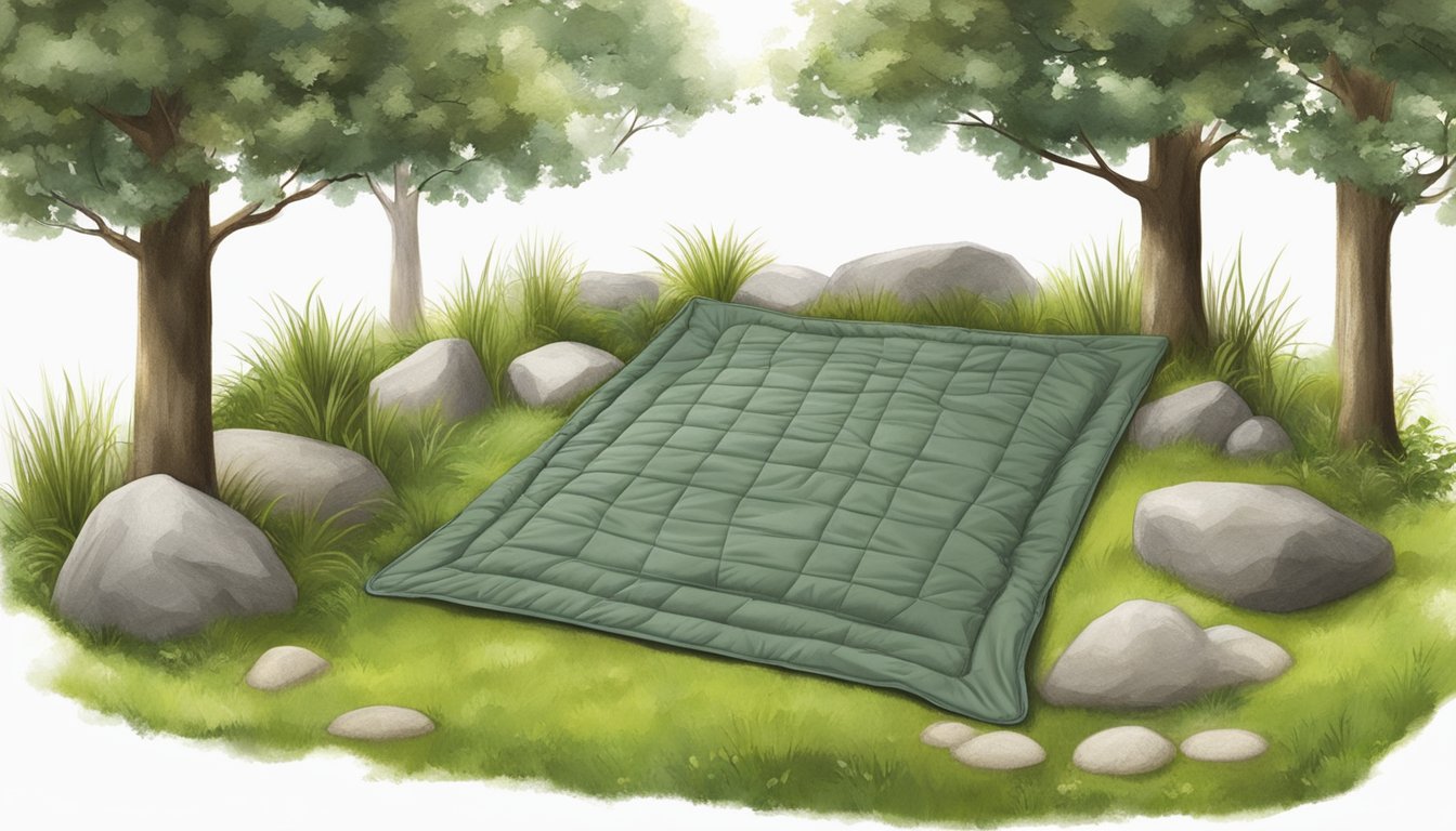 A field dressing pad with absorbent layers and waterproof backing, surrounded by outdoor elements like trees, grass, and rocks