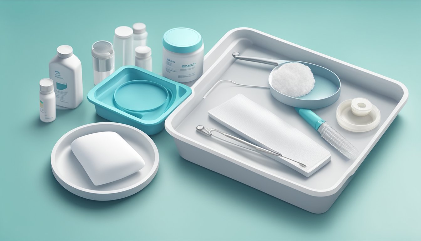 A clean, white dressing pad lies on a sterile medical tray, surrounded by medical instruments and packaging