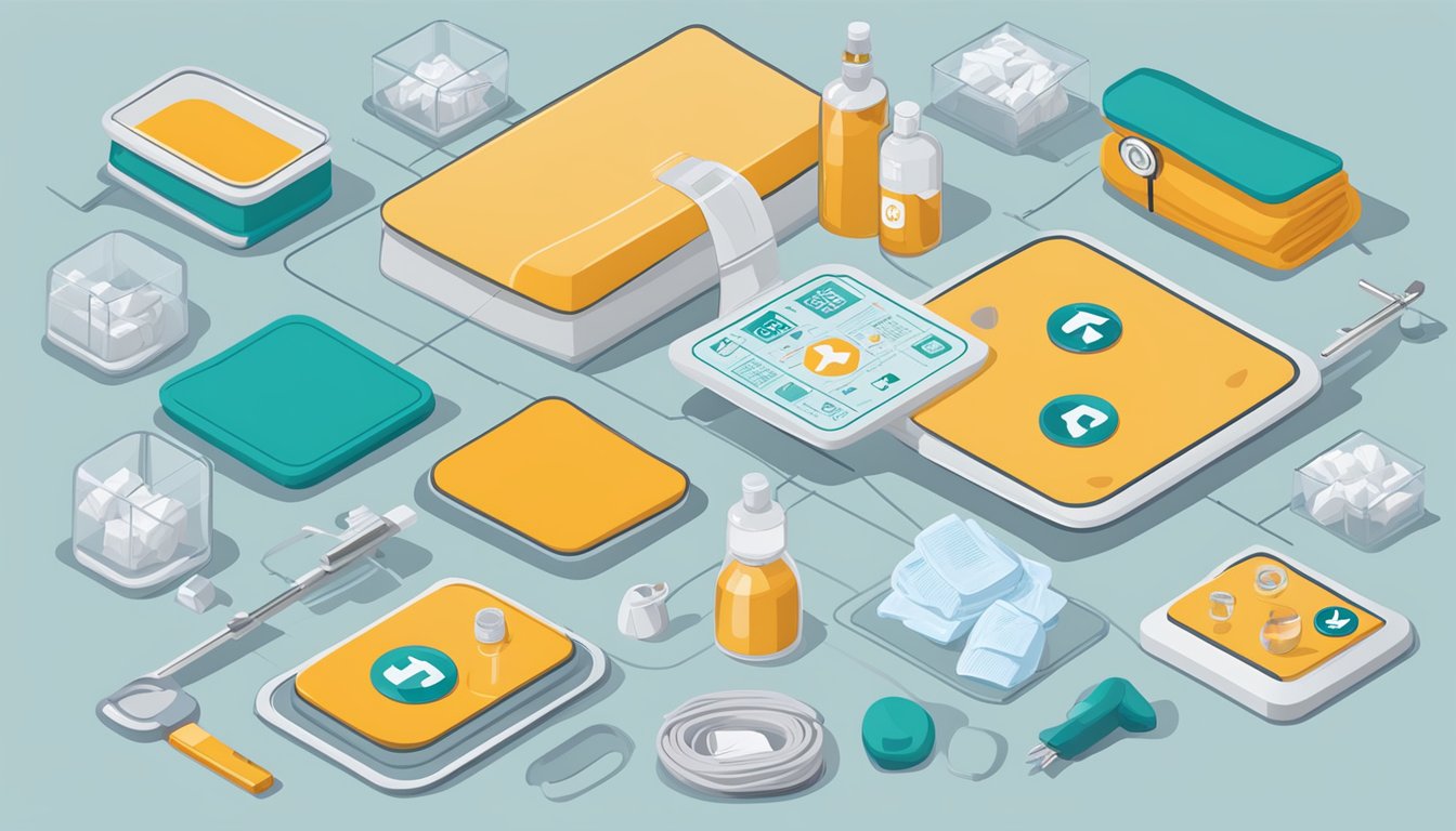 A sterile field dressing pad surrounded by regulatory and compliance standards symbols and icons