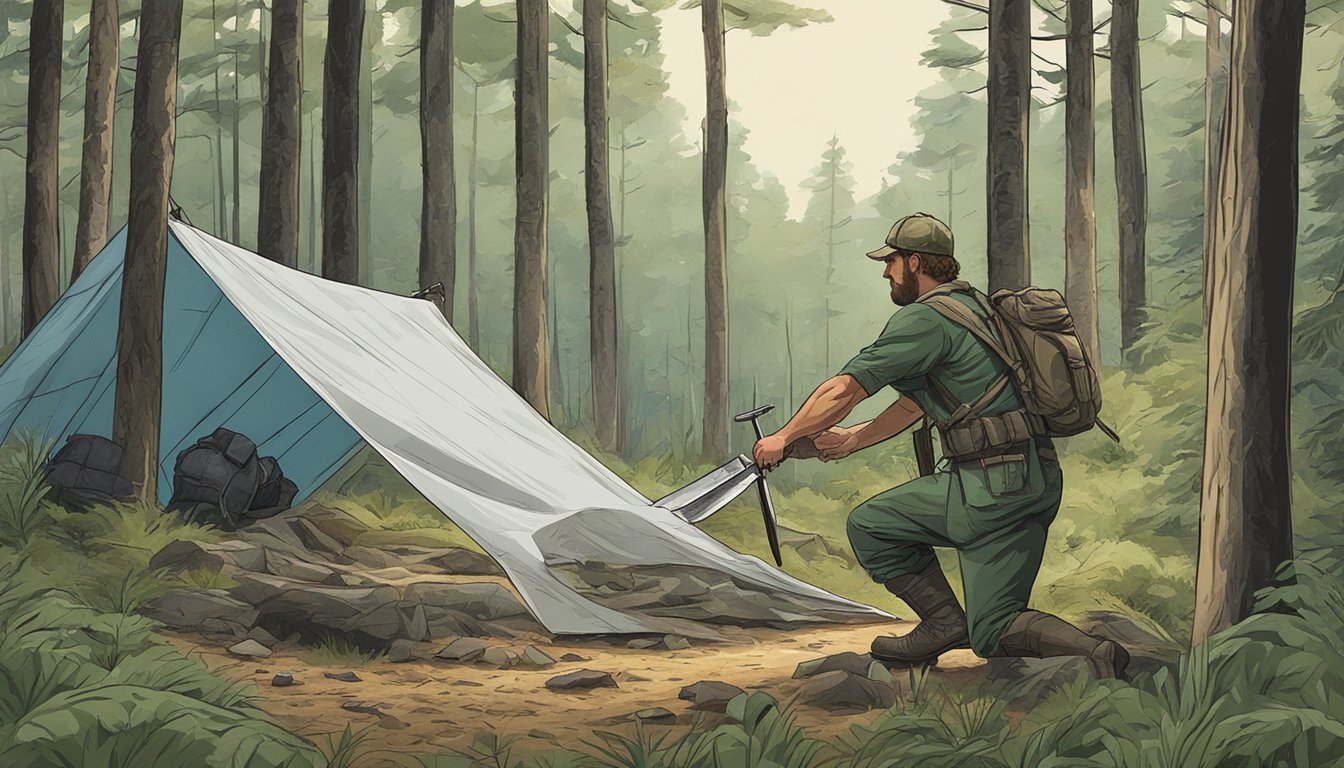 A hunter gathers a sharp knife, gloves, and a tarp in a forest clearing