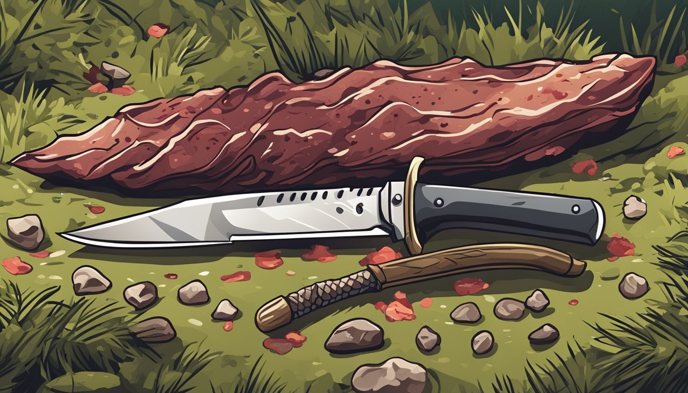 A hunter's knife and a pile of animal guts on the ground. Blood stains on the grass