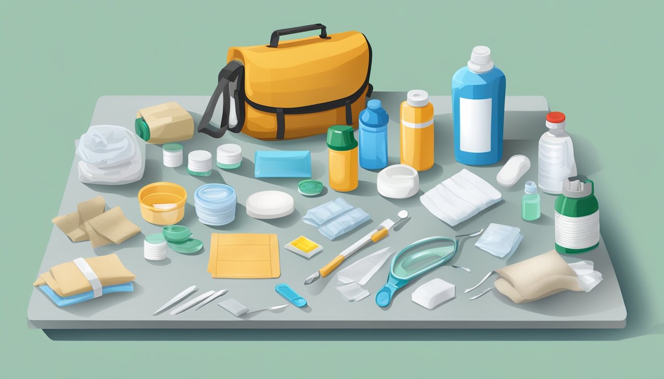 A table with medical supplies, including bandages, antiseptic, and gloves, laid out for field dressing