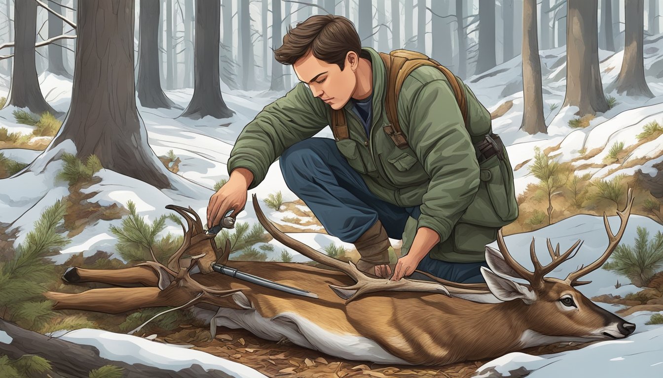 A hunter carefully removes the skin and organs from a freshly killed deer in a forest clearing