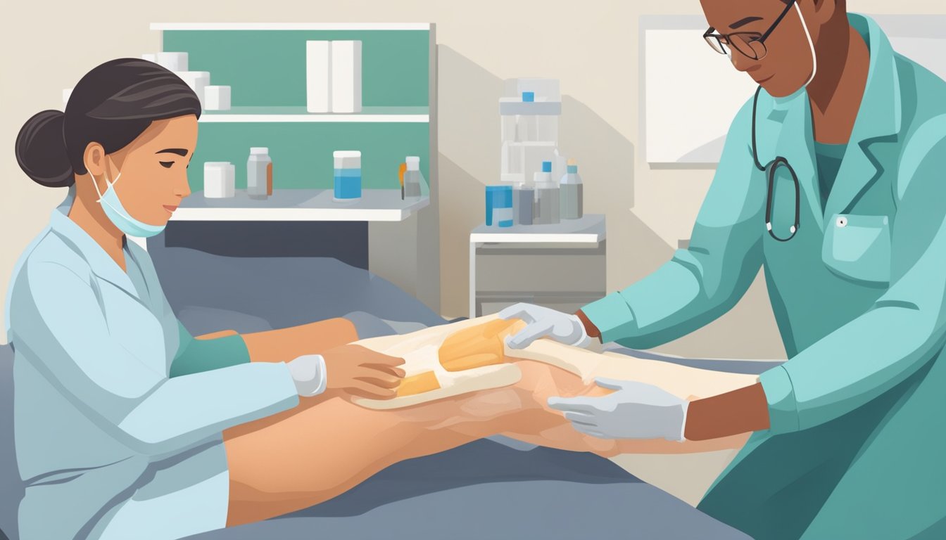 A medical field dressing being applied to a wound on a patient's leg by a healthcare professional