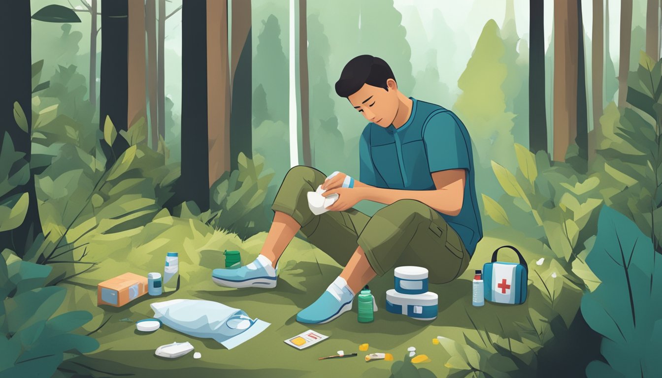 A person kneeling in a forest, applying a bandage to a wound on their leg. Surrounding them are scattered medical supplies and a first aid kit