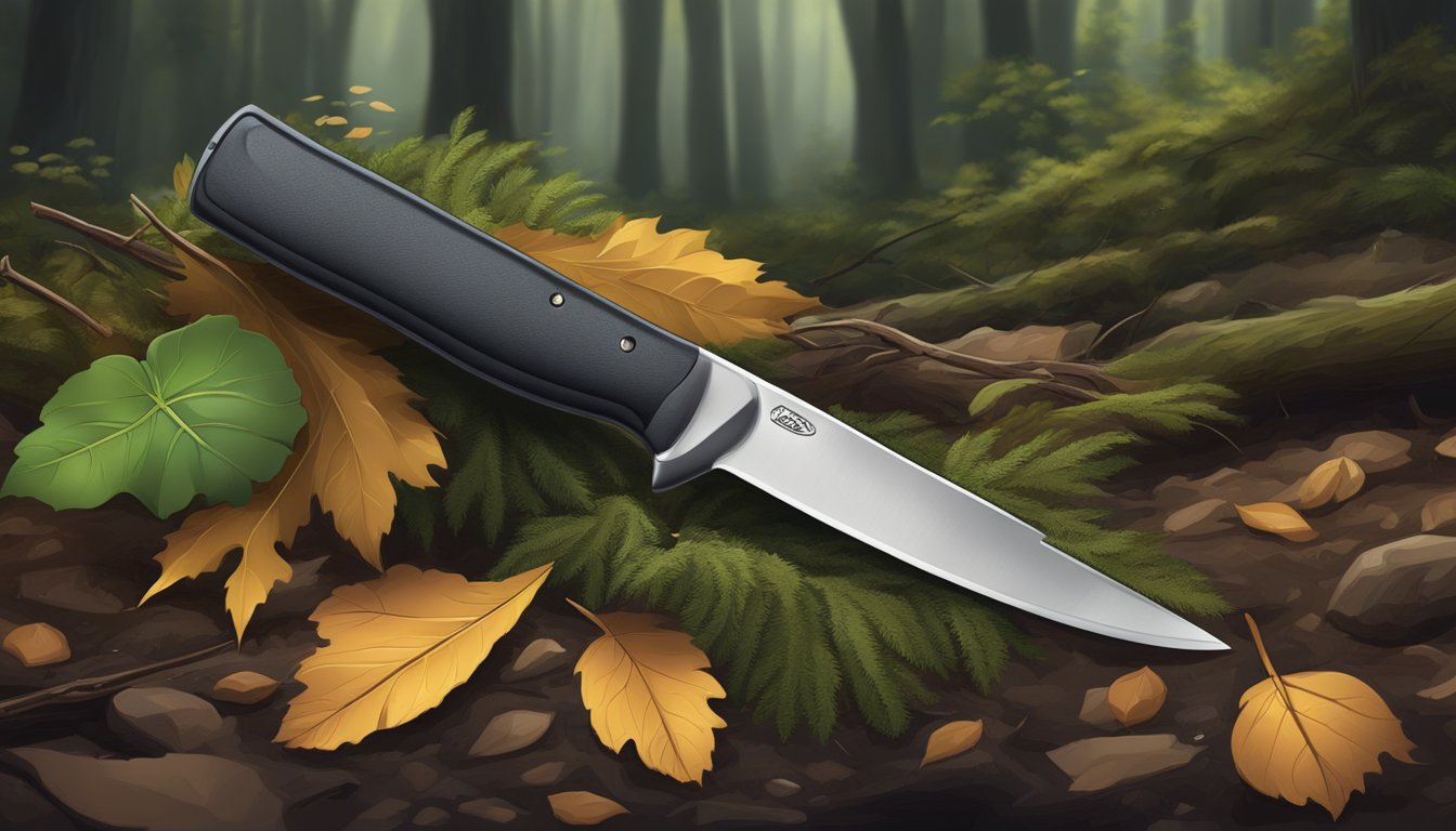 A field dressing knife with a curved blade and rubber handle, surrounded by leaves and twigs on the forest floor