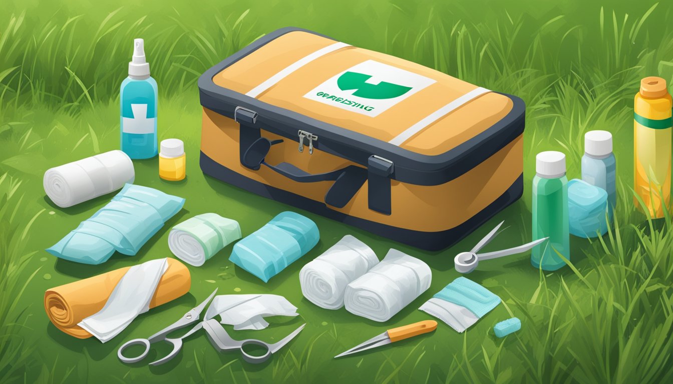 A field dressing medical kit open on a grassy field, with bandages, scissors, and antiseptic spray scattered around