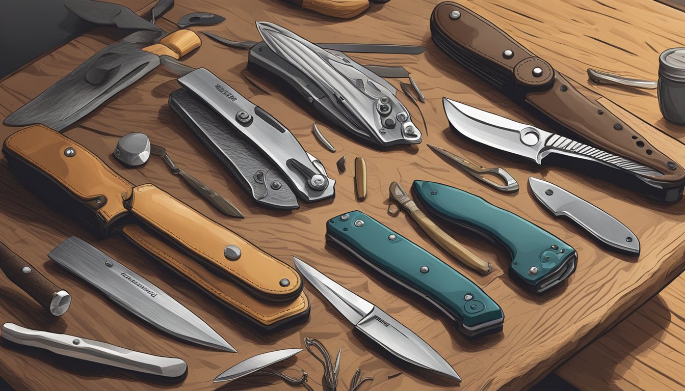 A hand reaches for a field dressing pocket knife among various other knives displayed on a wooden table