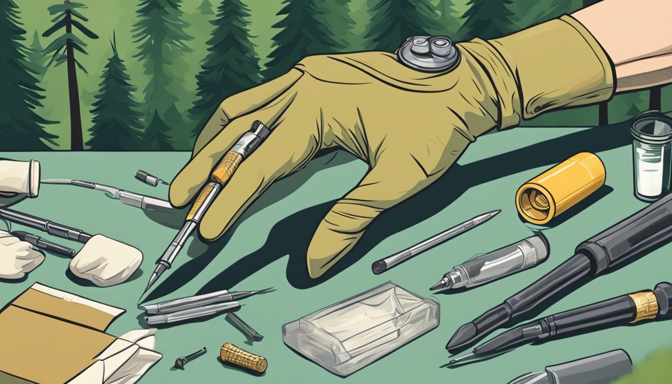 A gloved hand carefully removes a bullet from a deer's leg, surrounded by medical supplies and a forest backdrop