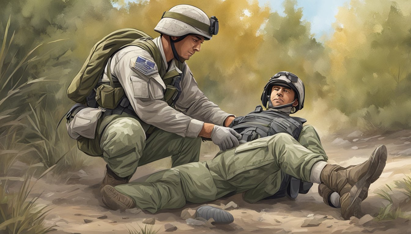 A field medic applies a military protocol field dressing to a wounded soldier's leg