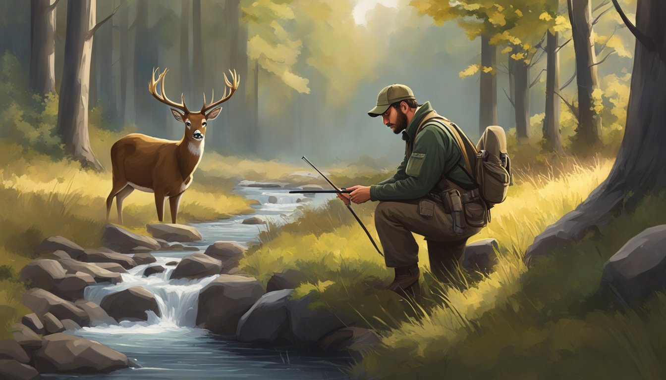 A hunter kneeling in the woods, field dressing a deer, surrounded by trees and a stream