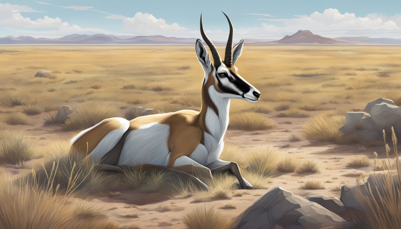 A pronghorn lying in a field, with its chest cavity open and organs exposed. The surrounding landscape is barren and desolate