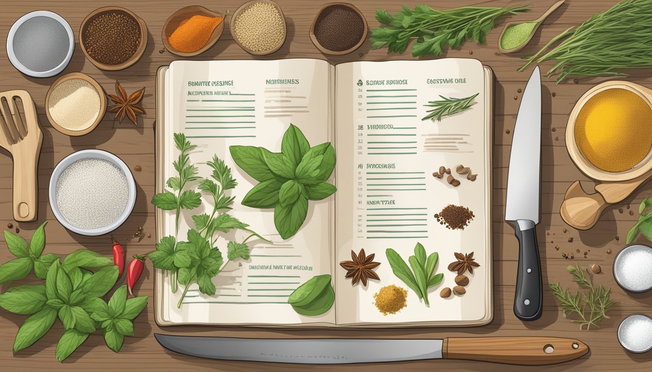 A pocket guide open on a cutting board with various herbs, spices, and kitchen utensils scattered around