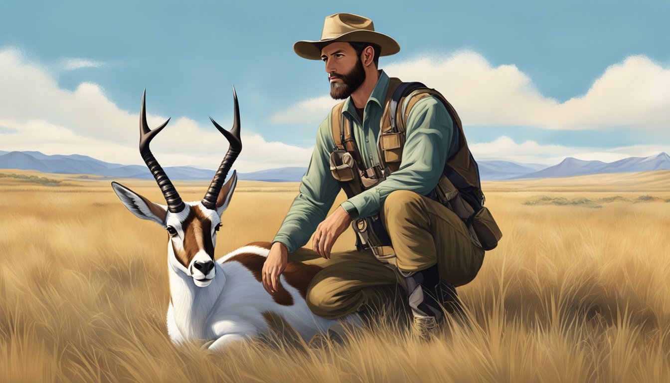 A hunter carefully field dresses a pronghorn, surrounded by open grassland and a clear blue sky